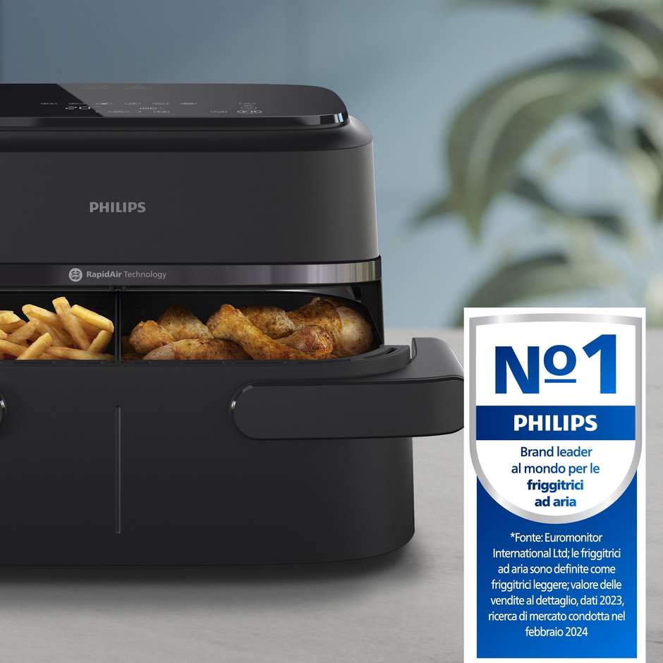 Philips Serie 1000 NA150/00 Friggitrice ad aria Doppio Cestello Capacita 7.1 Lt Potenza 2450 W 10 metodi di cottura App per ricette Colore Nero