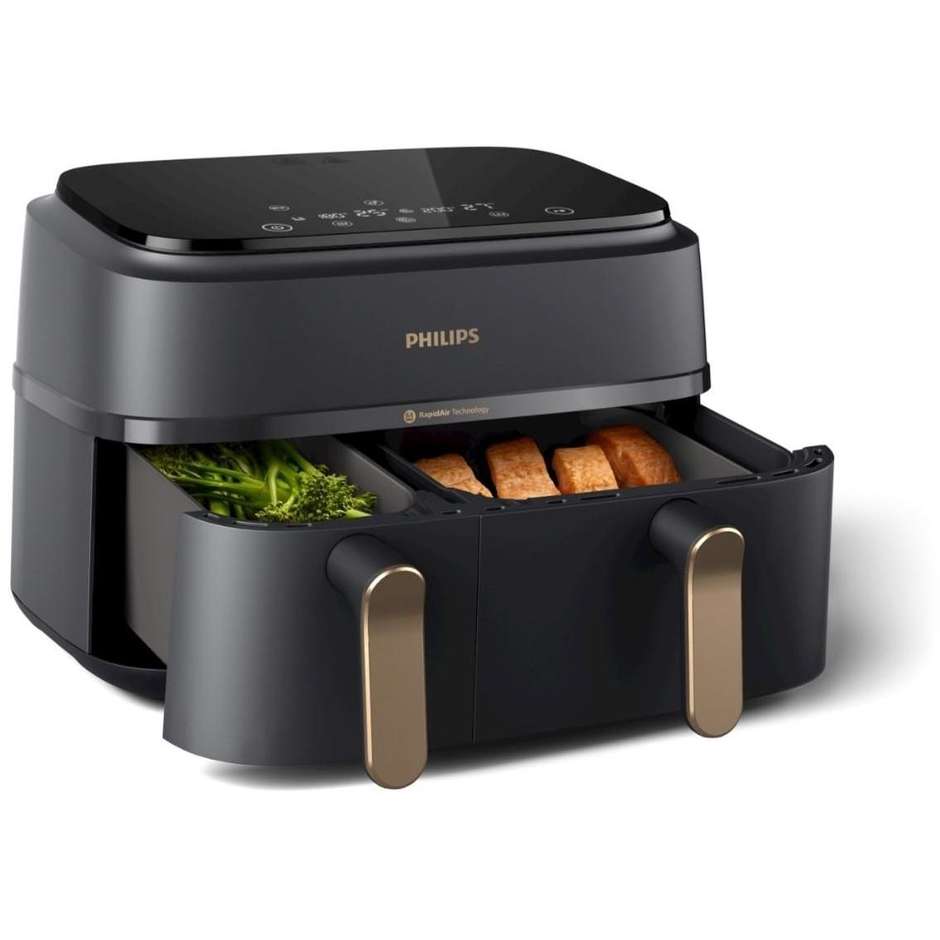 Philips Serie 3000 Dual Basket NA352/00 Friggitrice ad Aria Doppio Cestello 9 L (6 L + 3 L) 2750 W, 8 Programmi, 40-200 °C, Antracite e Rame