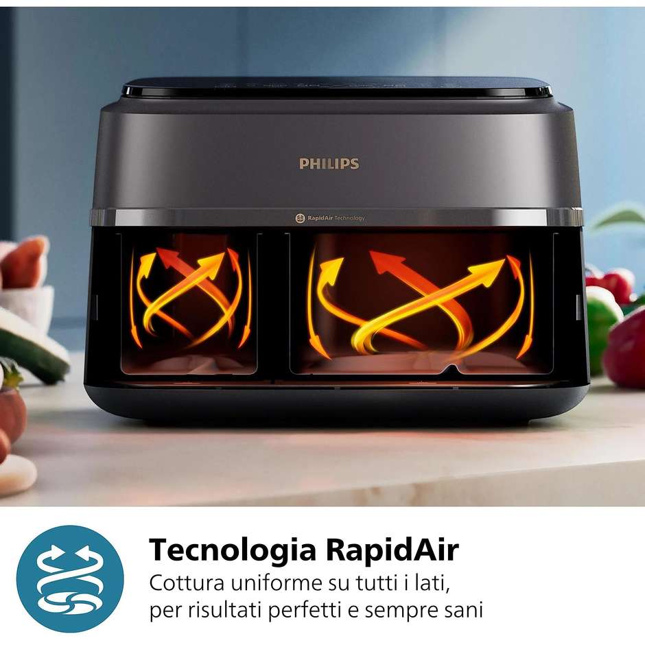 Philips Serie 3000 Dual Basket NA352/00 Friggitrice ad Aria Doppio Cestello 9 L (6 L + 3 L) 2750 W, 8 Programmi, 40-200 °C, Antracite e Rame