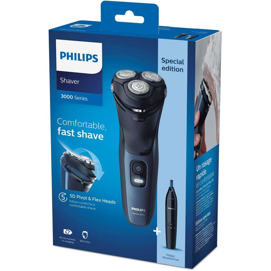 Philips Serie 3000 S3134/57 rasoio rotante Wet & Dry PowerCut, 60 minuti, nero