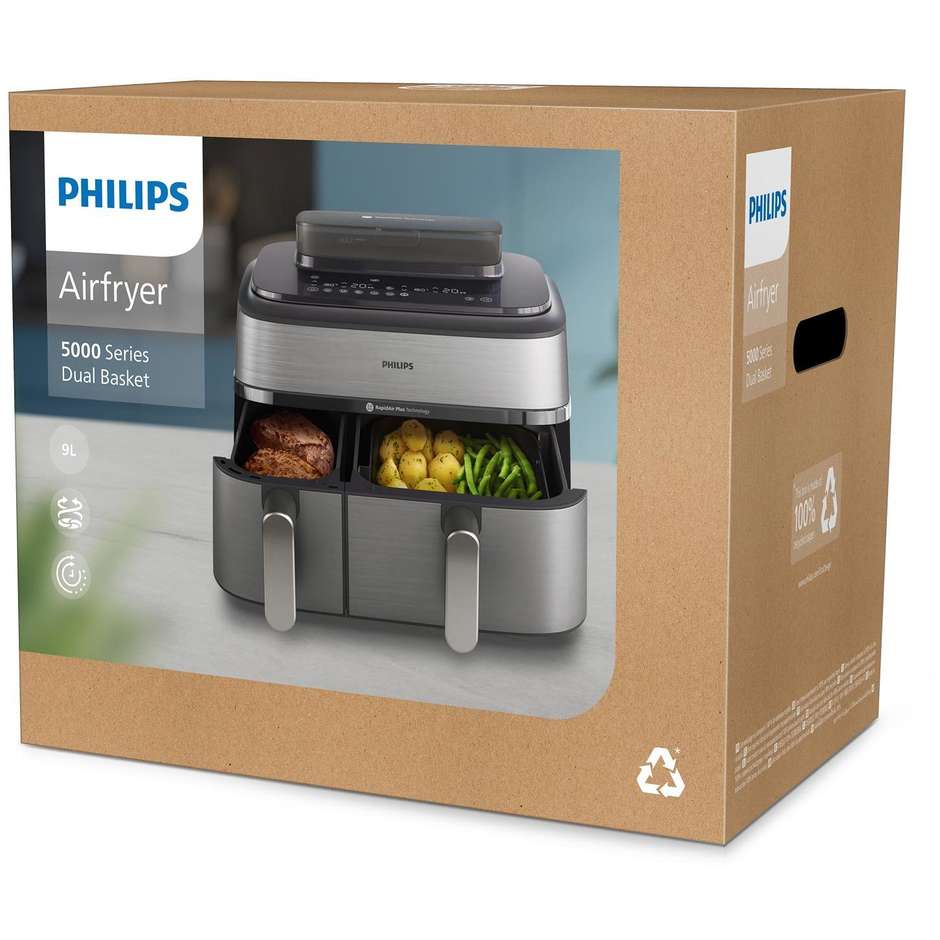 Philips Serie 5000 NA555/00 Airfryer Doppio Cestello Indipendente 9 L 2750 W Argento e Grigio