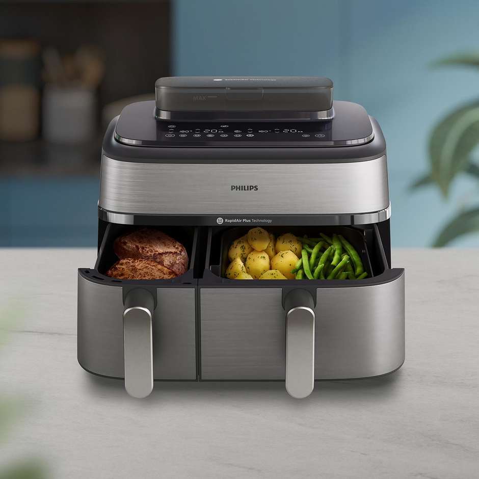 Philips Serie 5000 NA555/00 Airfryer Doppio Cestello Indipendente 9 L 2750 W Argento e Grigio