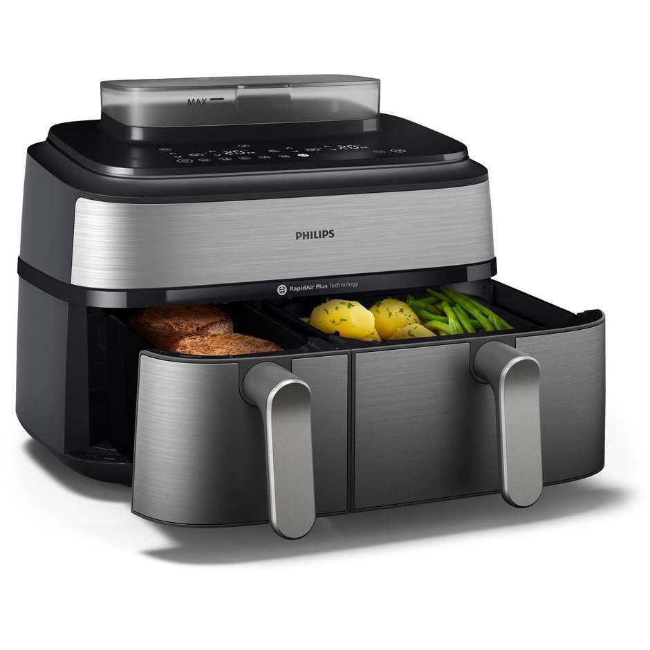 Philips Serie 5000 NA555/00 Friggitrice ad Aria Doppio Cestello 9 Litri 2750 W Finitura Argento Metallizzato