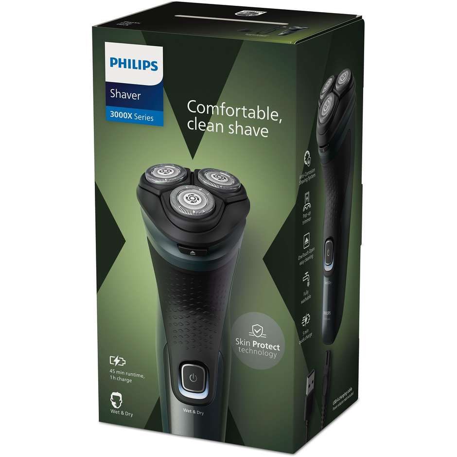 Philips Shaver 3000X Series X3052/00 Rasoio elettrico Wet & Dry Colore Nero, Verde