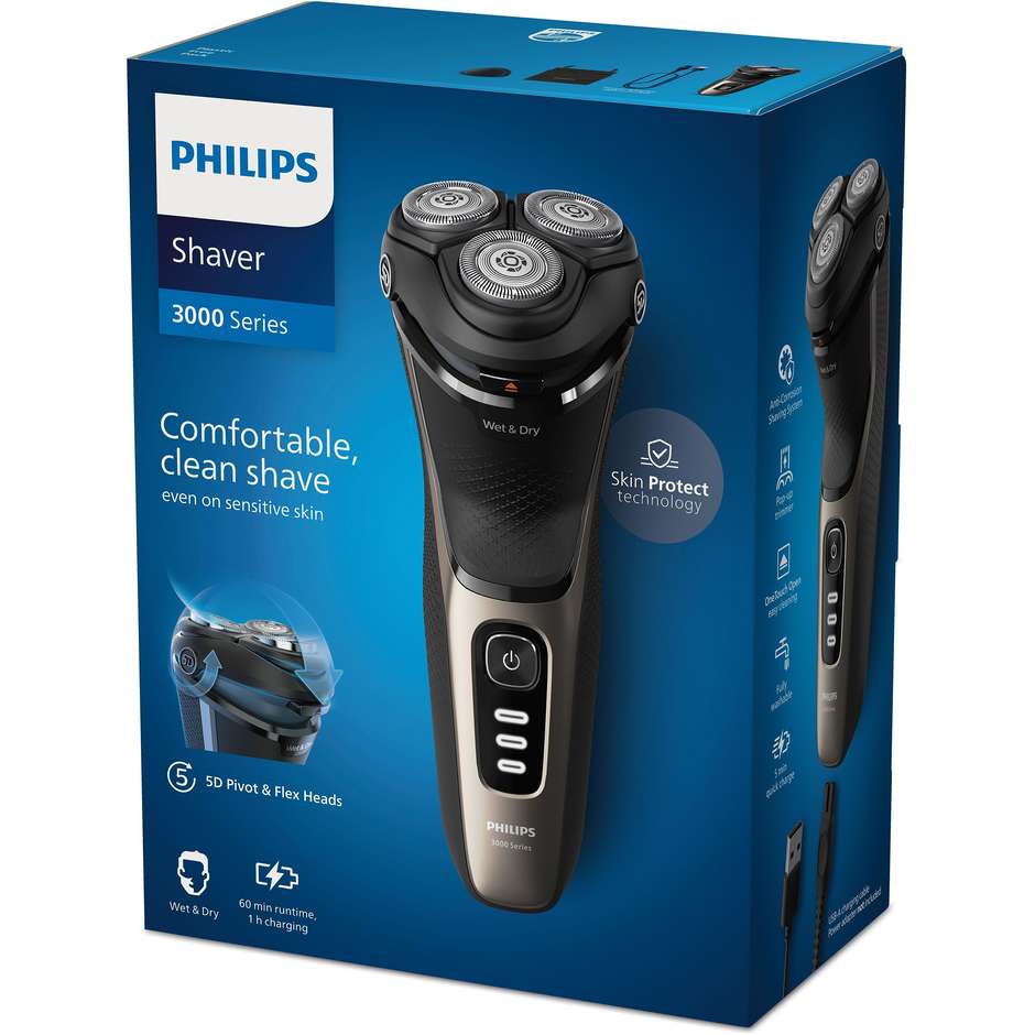 Philips Shaver Serie 3000 S3242/12 Rasoio Elettrico Wet & Dry con Testine 5D Pivot & Flex