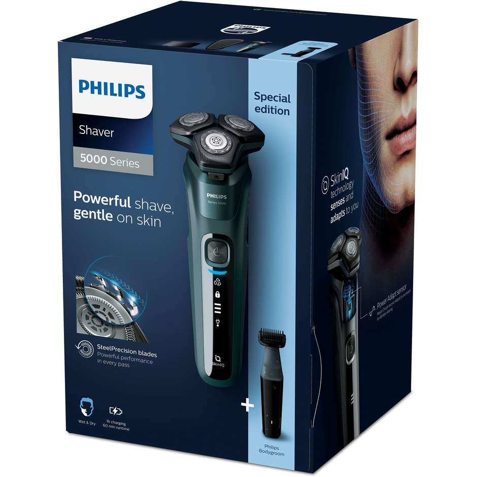 Philips Shaver Serie 5000 S5584/57 Rasoio Elettrico Wet & Dry con Sensore SkinIQ e Base di Ricarica Verde