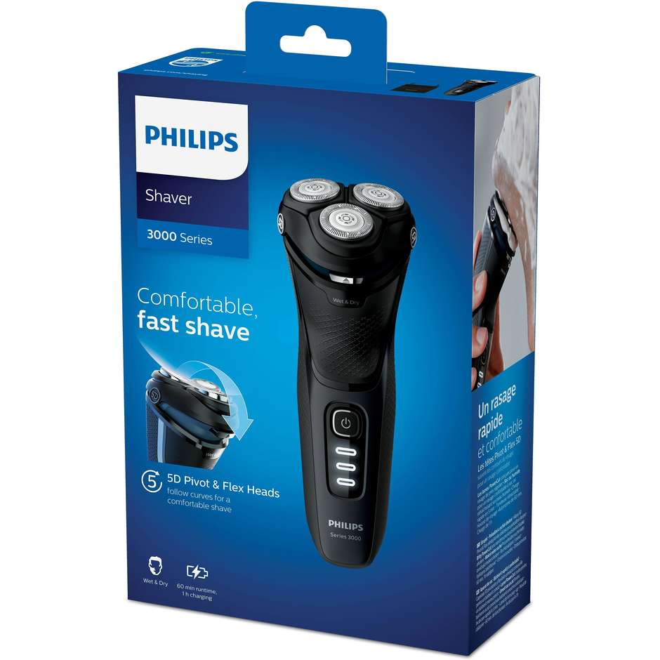 Philips Shaver Series 3000 S3233/52 rasoio rotativo Wet & Dry, fino a 60 minuti