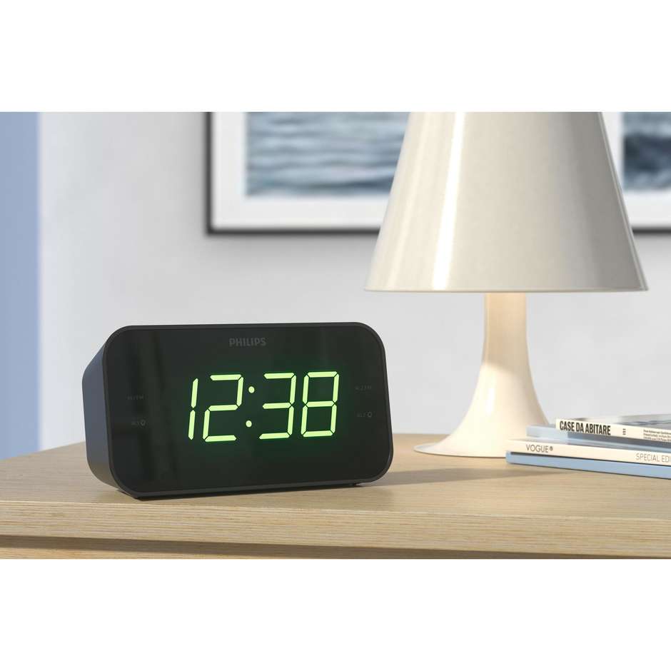 PHILIPS TAR3306/12 Radiosveglia Digitale con Display LED a Doppia Sveglia e Radio FM Colore Black