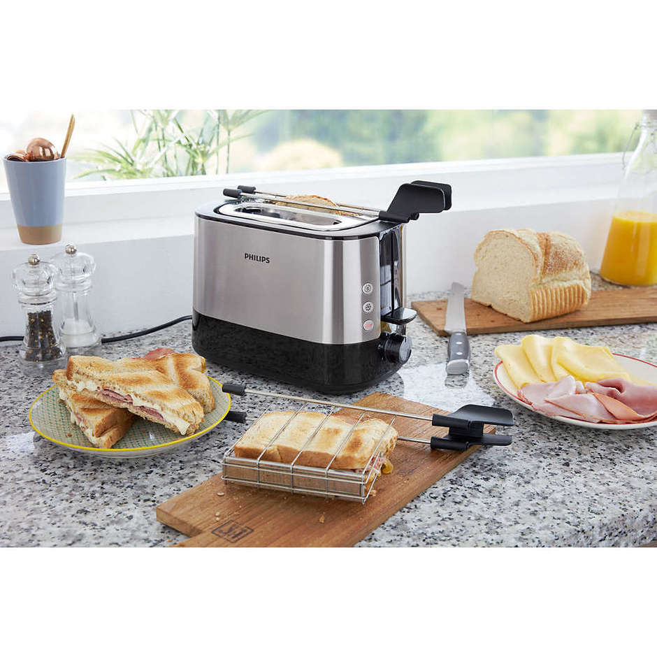 Philips Viva Collection HD2639/90 Tostapane 2 Fette Extra-Large 1000 W con Pinze Sandwich Acciaio Inox