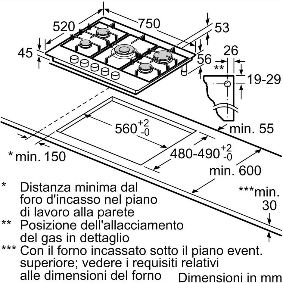piano cot 75cm 4f+1w inox ghisa