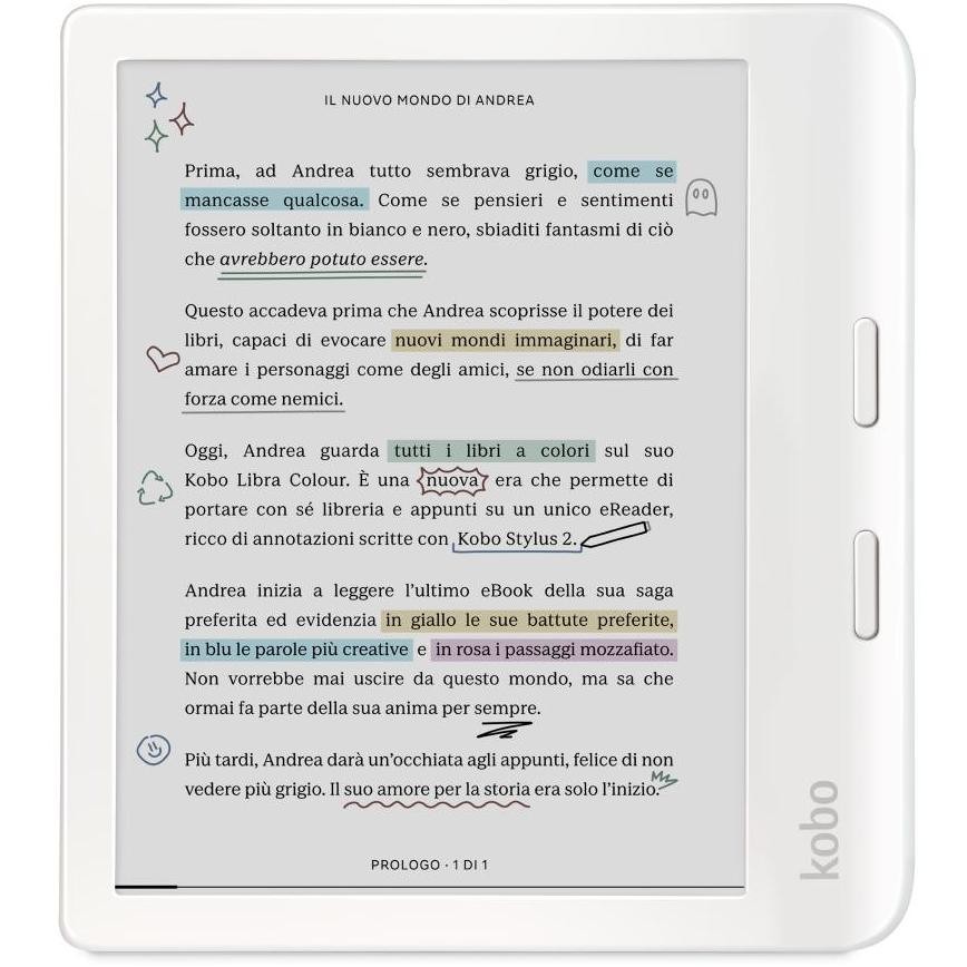 Rakuten Kobo Libra Colour N428-KU-WH-K-CK, e-reader touch 7″ a colori, 32 GB, bianco