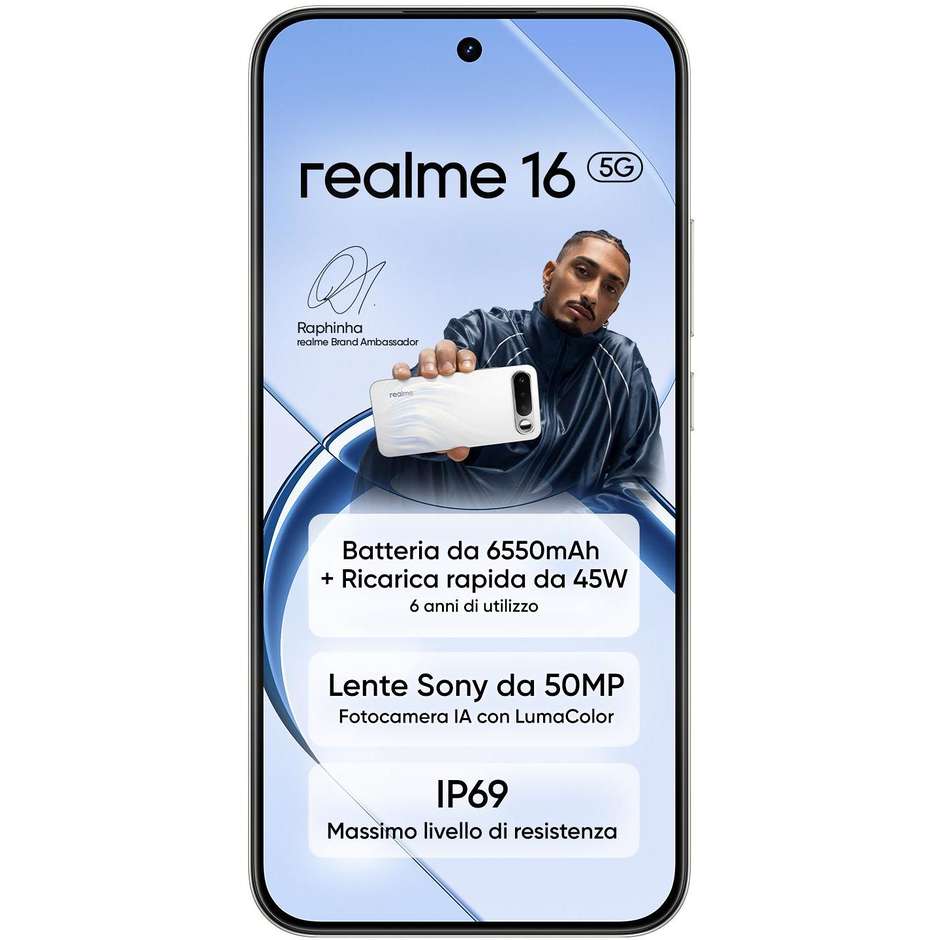 Realme 16 Smartphone 5G 17,2 cm (6.78") AMOLED 120Hz 8 GB 256 GB 50 MP AI Bianco (Air White)