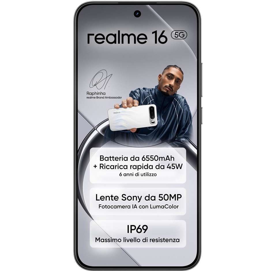 Realme 16 Smartphone 5G 17,2 cm (6.78") AMOLED 120Hz 8 GB 256 GB 50 MP AI Nero (Black)