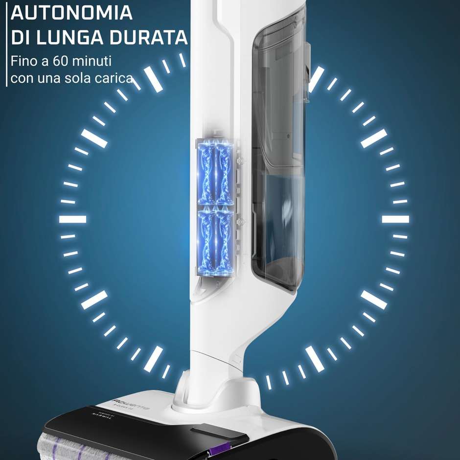 Rowenta X-Clean 10 GZ7035 Lavapavimenti e Aspirapolvere Cordless 2 in 1, 200 W, 21,6 V, 0,79 L, Argento e Bianco
