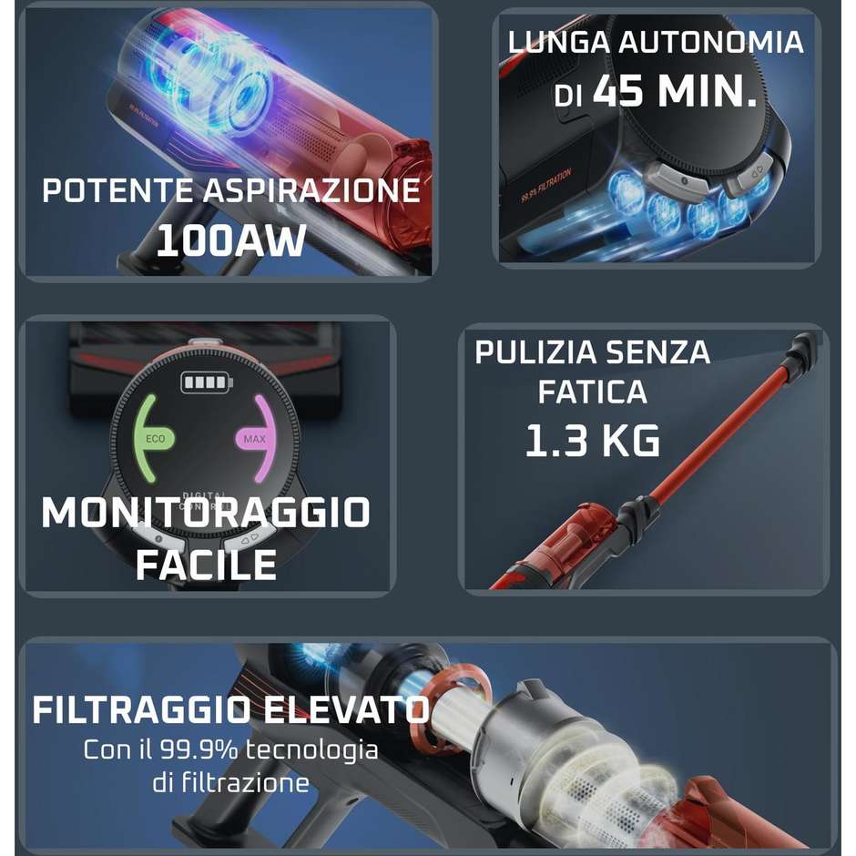 Rowenta X-Force 8.80 RH1872 Aspirapolvere Stick 4-in-1 100 AW Animal Care, Rosso
