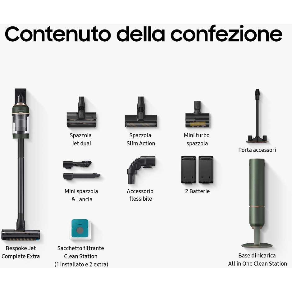 Samsung Bespoke Jet Complete VS20A95943N Scopa Senza Filo 580W 210AW Doppia Batteria 120min Verde Bosco