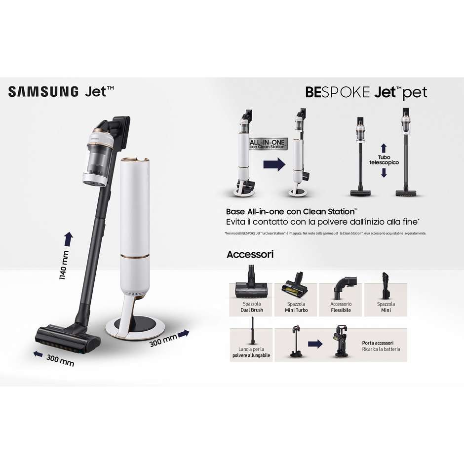 Samsung Bespoke Jet Pet VS20A95823W Aspirapolvere Senza Filo 210AW Clean Station Integrata Bianco e Nero