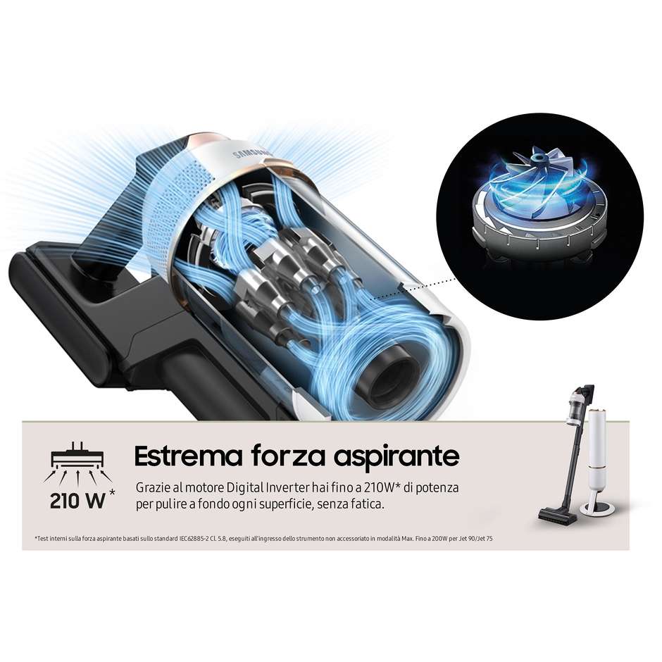 Samsung BESPOKE Jet VS20A95823W Scopa Elettrica Ricaricabile Senza Fili 210 AW Multiciclonica 0,5 L Nero/Bianco