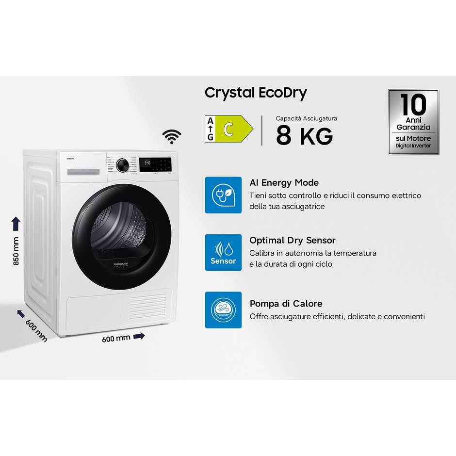 Samsung DV80DG52B0AEET Asciugatrice Crystal EcoDry 8 Kg Pompa di Calore