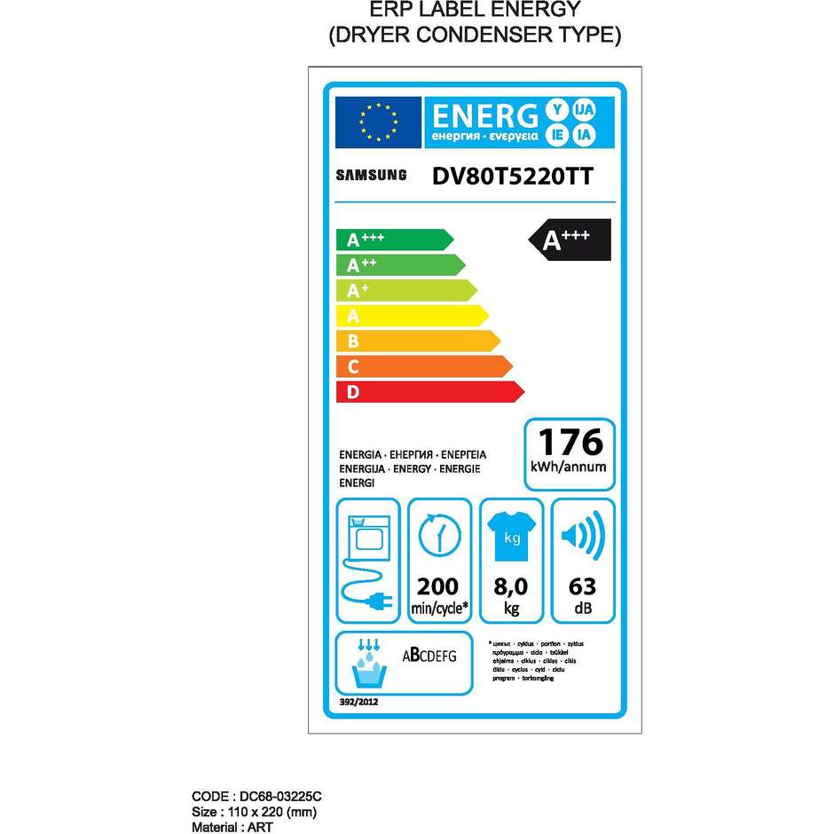 Samsung DV80T5220TT Asciugatrice a pompa di calore 8 Kg classe A+++ colore bianco