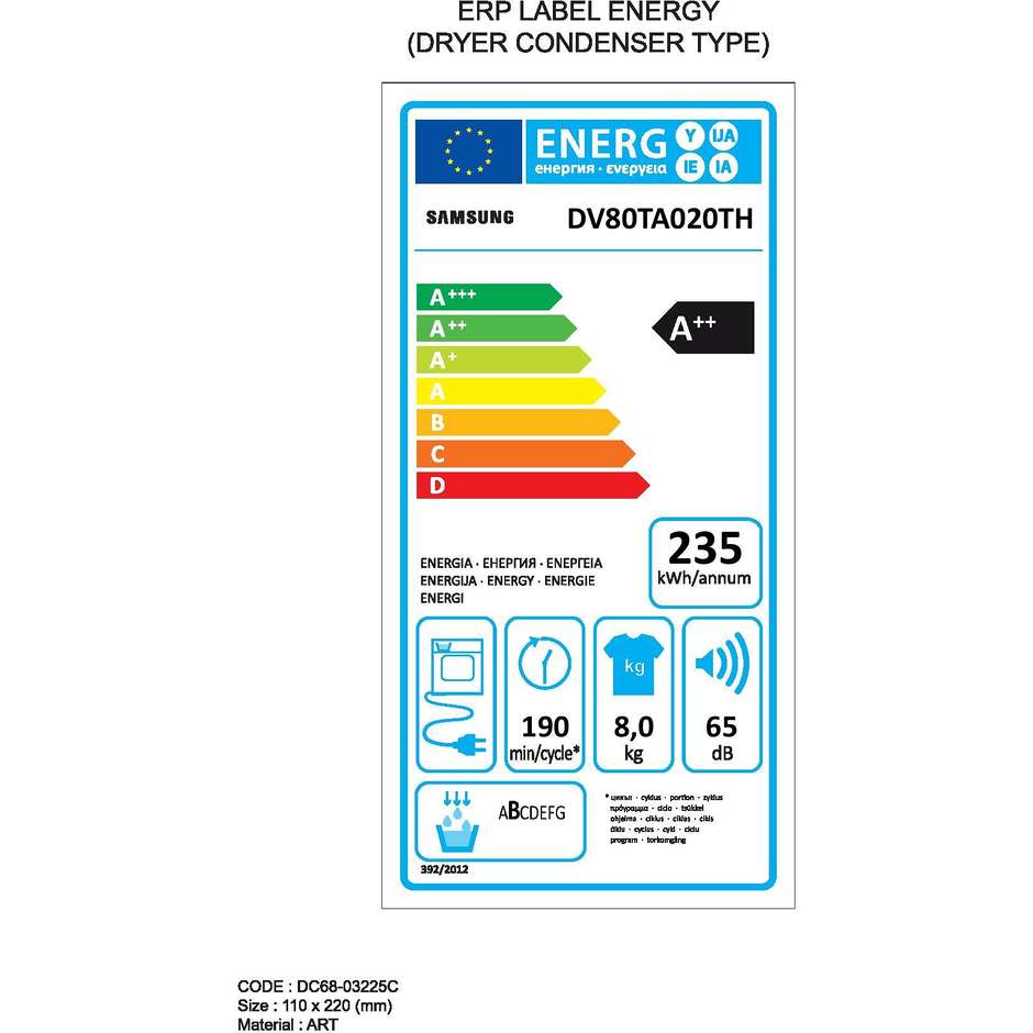 Samsung DV80TA020TH Asciugatrice a pompa di calore Capacità 8 Kg Classe A++ colore bianco