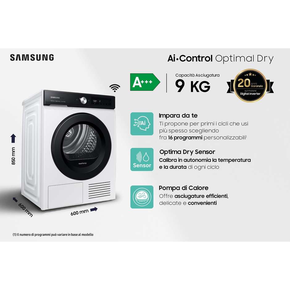 Samsung DV90BB5245AES3 Asciugatrice a pompa di calore Capacita 9 kg Classe A+++ Colore Bianco