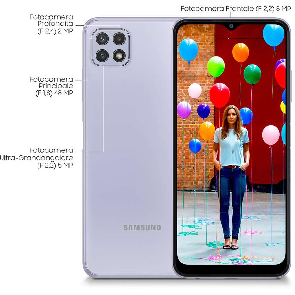 Samsung Galaxy A22 5G Smartphone 6.6" FHD+ Ram 4 GB Memoria 64 GB Android colore Lavander