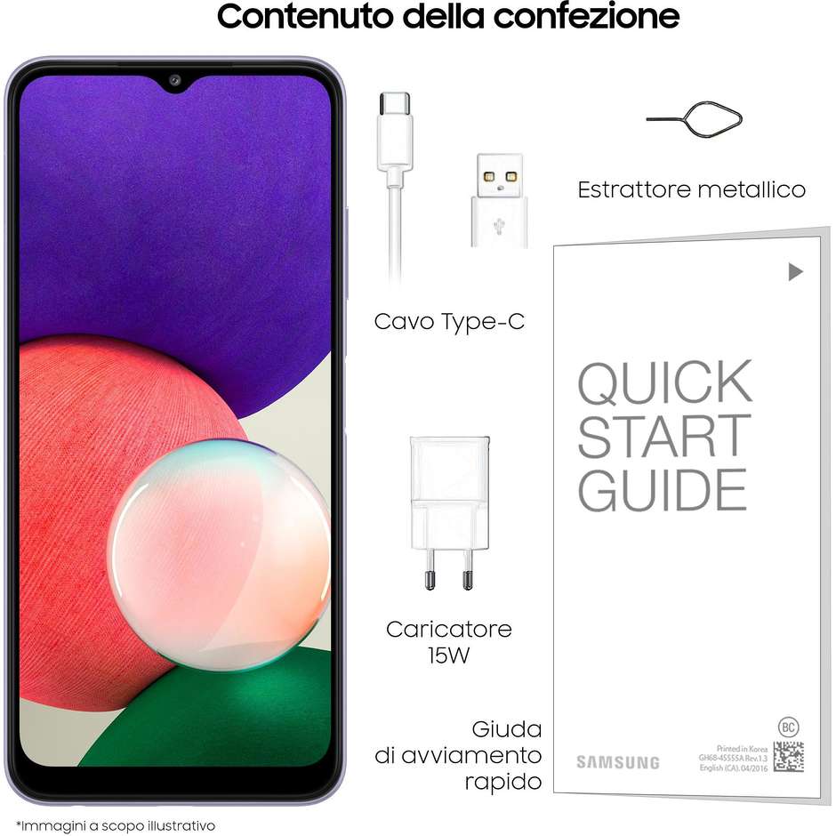 Samsung Galaxy A22 5G Smartphone 6.6" FHD+ Ram 4 GB Memoria 64 GB Android colore Lavander