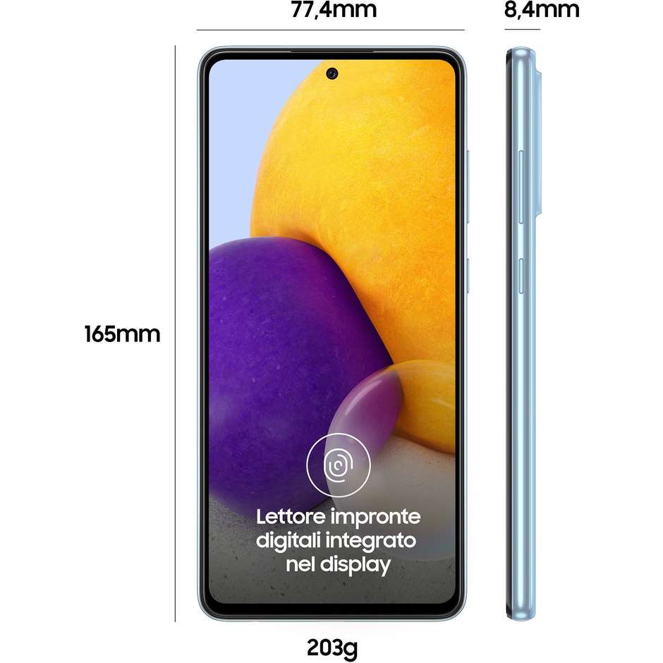 Samsung Galaxy A72 Smartphone 6.7" Ram 6 GB Memoria 128 GB Android 11 colore Awesome Blue