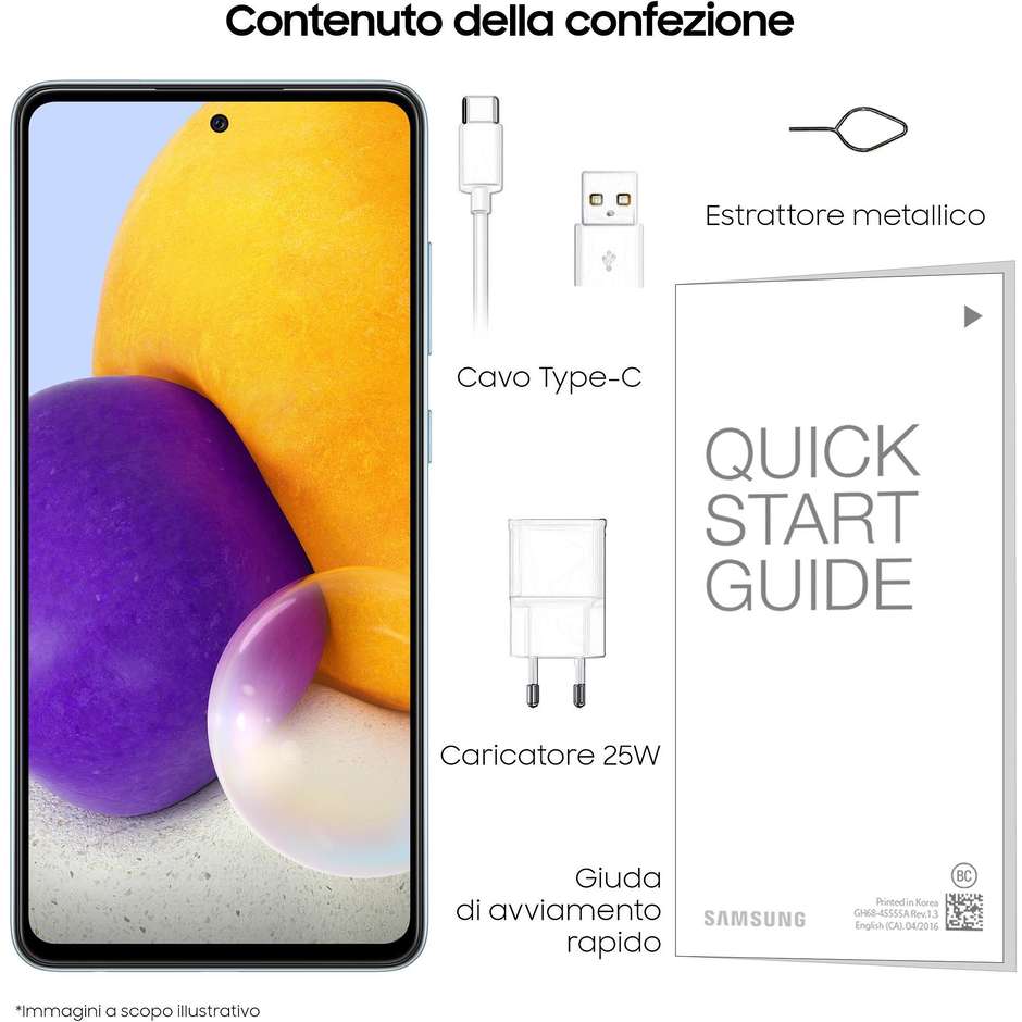 Samsung Galaxy A72 Smartphone 6.7" Ram 6 GB Memoria 128 GB Android 11 colore Awesome Blue