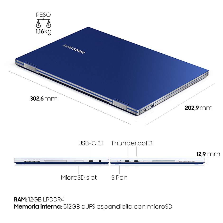 Samsung Galaxy Book Flex Notebook 2-in-1 13,3'' FHD Core i5-10 Ram 12 Gb SSD 512 Gb Windows 10 Home colore blu