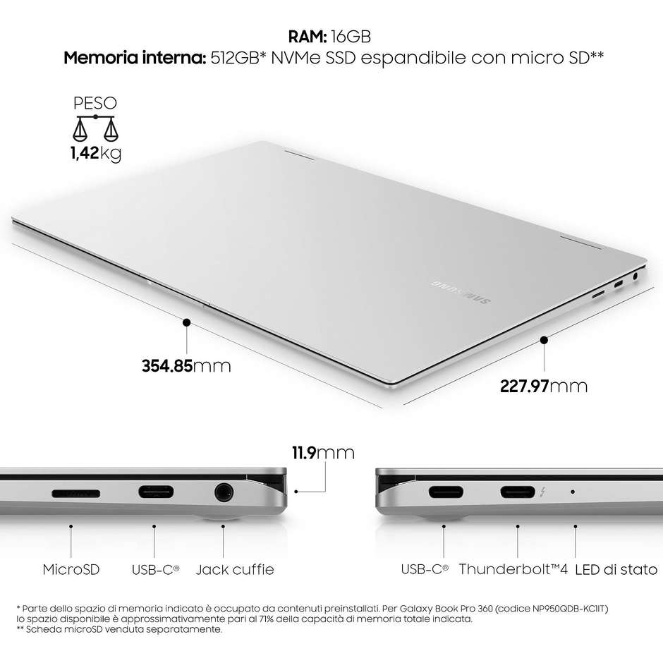 Samsung Galaxy Book Pro 360° Notebook 2-in-1 15,6'' Full HD Intel Core i7 Ram 16 Gb SSD 512 Gb Windows 10 Mystic Silver