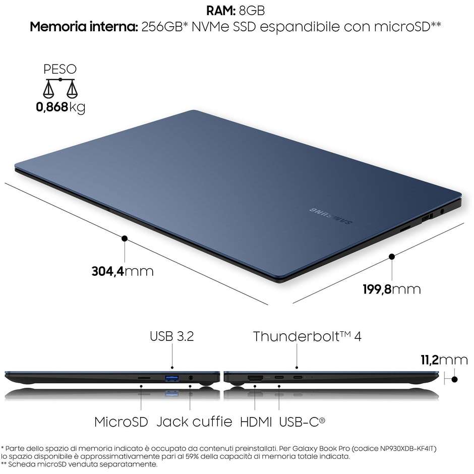 Samsung Galaxy Book Pro Notebook 13,3'' Full HD Intel Core i5-11 Ram 8 Gb SSD 256 Gb Wimdows 10 colore Mystick Blue