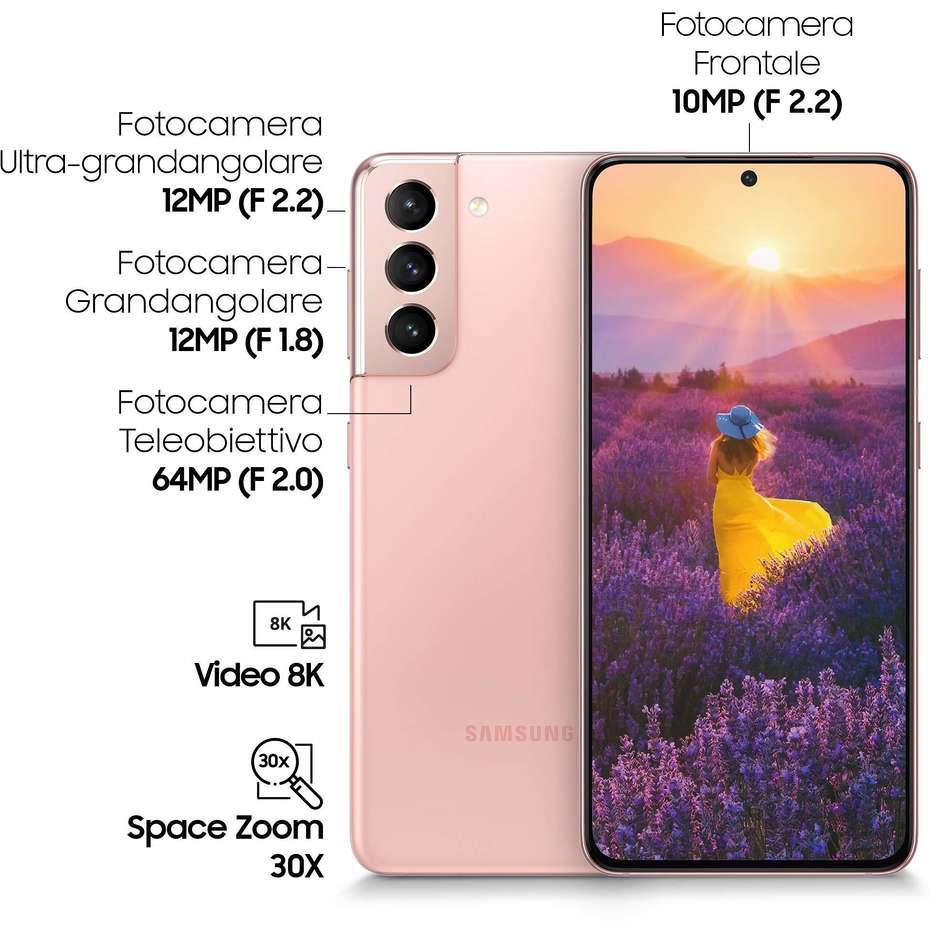 Samsung Galaxy S21 5G Smartphone 6.2" Ram 8 GB Memoria 128 GB Android 11 colore Phantom Pink