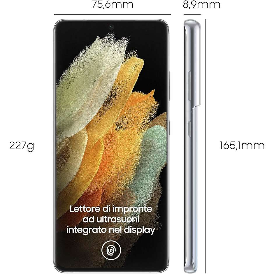 Samsung Galaxy S21 Ultra 5G Smartphone 6.8" Ram 16 GB Memoria 512 GB Android 11 colore Phantom Silver