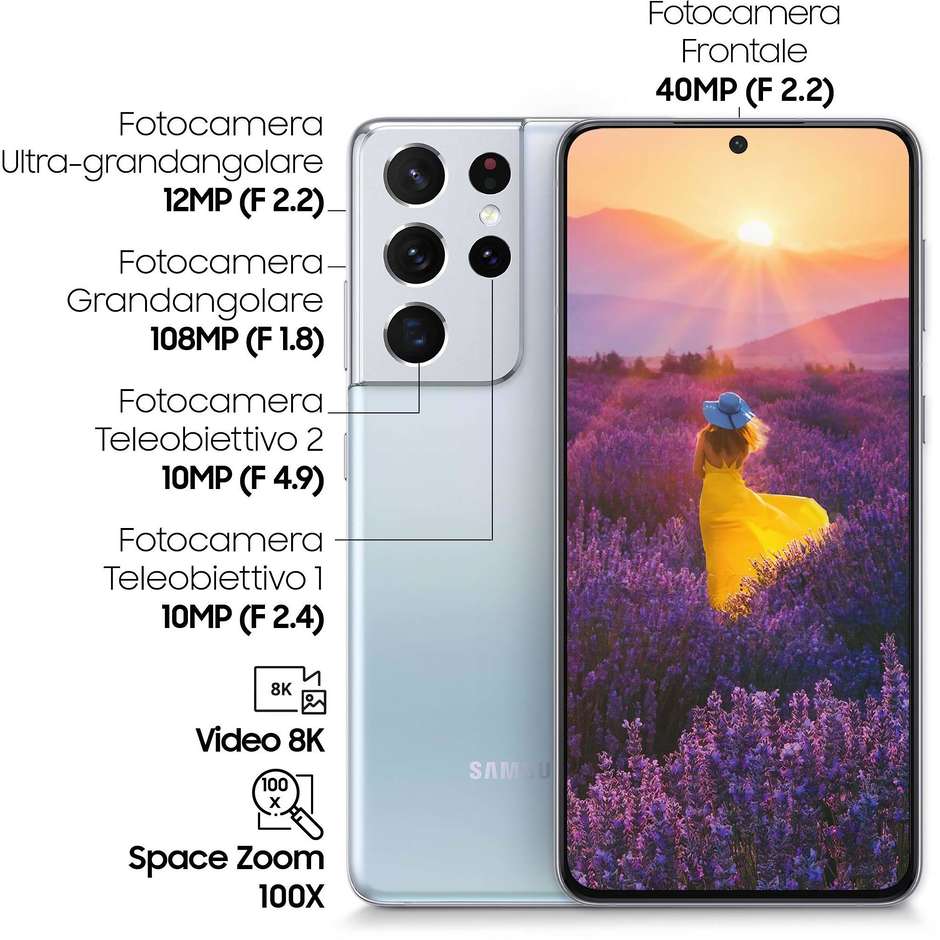 Samsung Galaxy S21 Ultra 5G Smartphone 6.8" Ram 16 GB Memoria 512 GB Android 11 colore Phantom Silver
