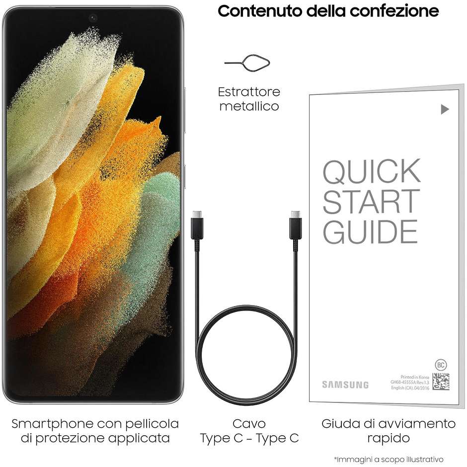 Samsung Galaxy S21 Ultra 5G Smartphone 6.8" Ram 16 GB Memoria 512 GB Android 11 colore Phantom Silver