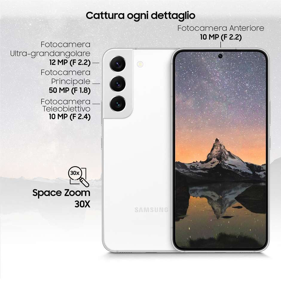 Samsung Galaxy S22 5G Smartphone 6,1" Full HD+ Ram 8 Gb Memoria 128 Gb Android Colore Phantom White