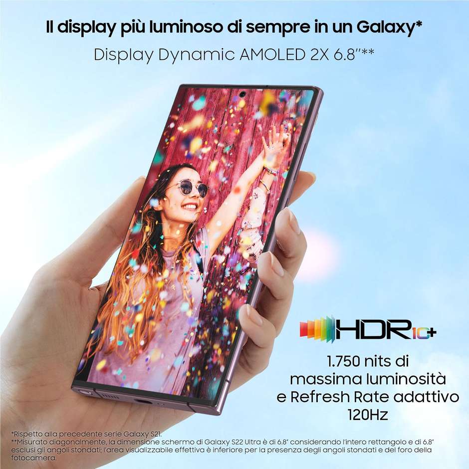 Samsung Galaxy S22 Ultra 5g Display 6,8" Dynamic Amoled 2x Ram 12 Memoria 256 Gb Android Colore Burgundy