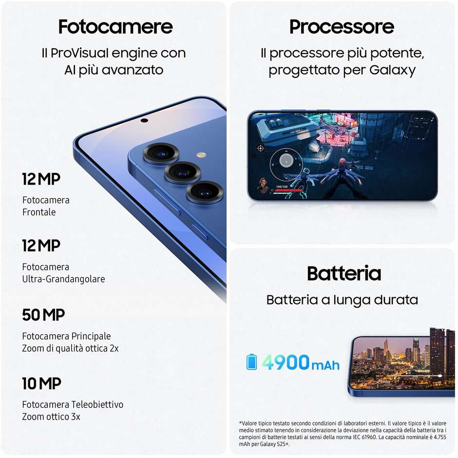 Samsung Galaxy S25+ Smartphone 5G 6.7'' Ram 12 GB Memoria 256 GB Colore Icyblue