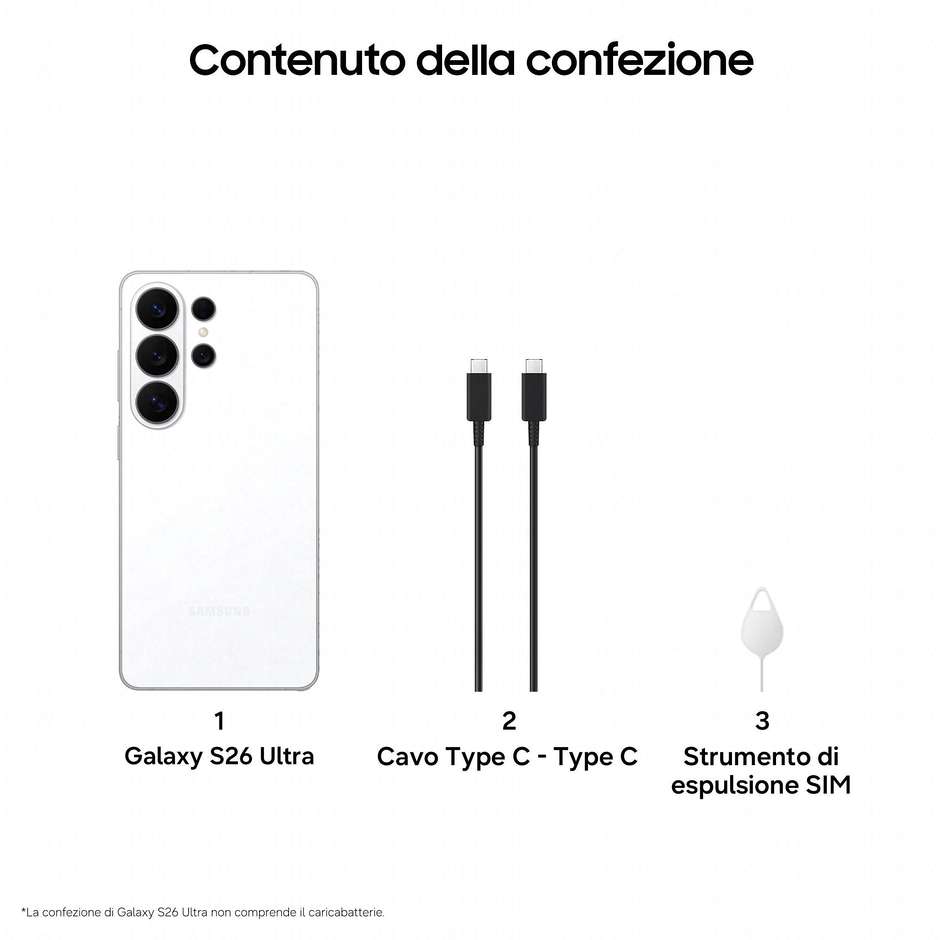 Samsung Galaxy S26 Ultra Smartphone 5G 6,9" Dynamic AMOLED 2X 512GB 200MP S-Pen Colore Bianco