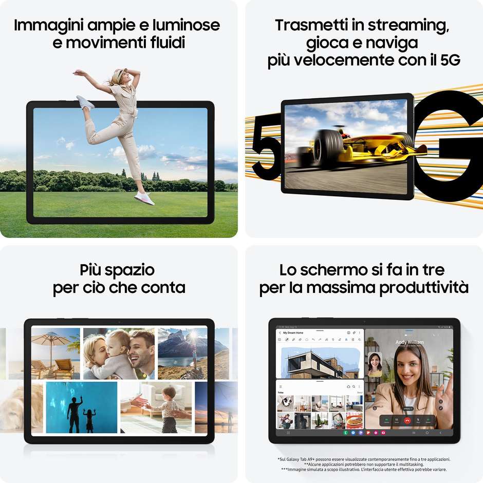 Samsung Galaxy Tab A9+ Wi-Fi 11" (SM-X210RZAREUE) Schermo 90Hz WUXGA Qualcomm Snapdragon 695 8-Core RAM 4GB Memoria 64GB espandibile 4x Altoparlanti Dolby Atmos Batteria 7040 mAh Graphite