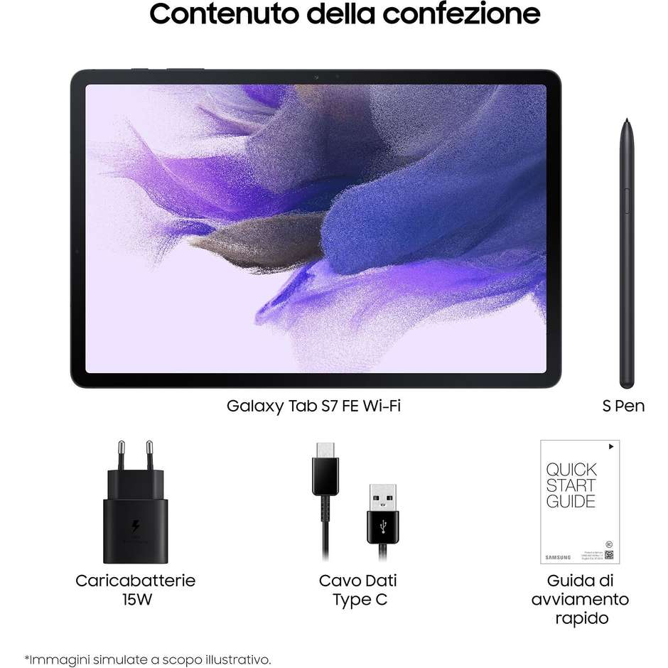 Samsung Galaxy Tab S7 FE SM-T733 Tablet 12,4" WQXGA con S Pen Qualcomm Snapdragon 778G RAM 6 GB Memoria 128 GB Wi-Fi 6 Android Mystic Black
