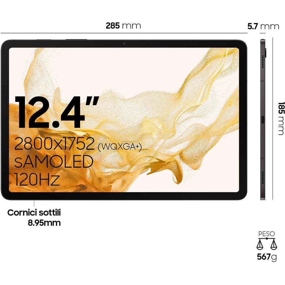 Samsung Galaxy Tab S8+ Tablet 12.4" Wi-Fi Ram 8 GB Memoria 256 GB Android 12 Colore Graphite