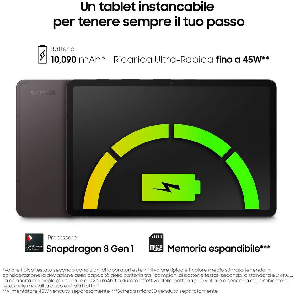 Samsung Galaxy Tab S8+ Tablet 12.4" Wi-Fi Ram 8 GB Memoria 256 GB Android 12 Colore Graphite