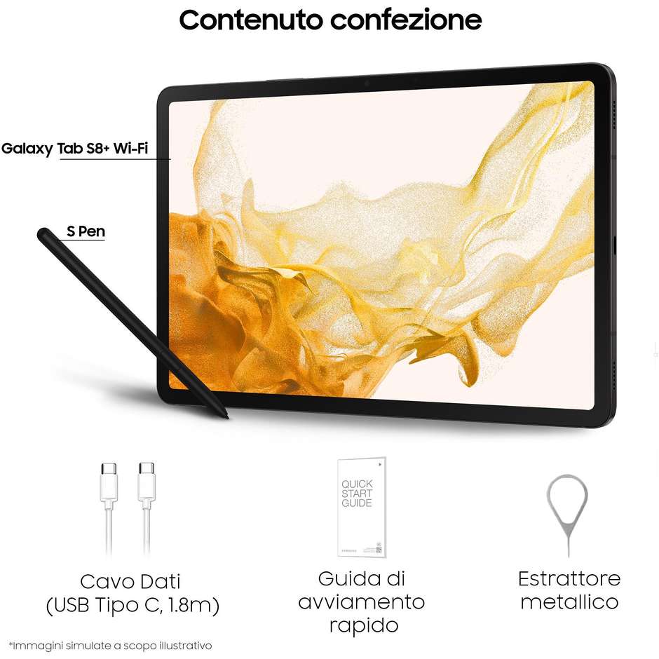 Samsung Galaxy Tab S8+ Tablet 12.4" Wi-Fi Ram 8 GB Memoria 256 GB Android 12 Colore Graphite