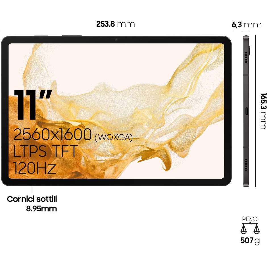 Samsung Galaxy Tab S8 Tablet 5G 11" Wi-Fi+Cellular Ram 8 Gb Memoria 128 Gb Android 12 Colore Grafite