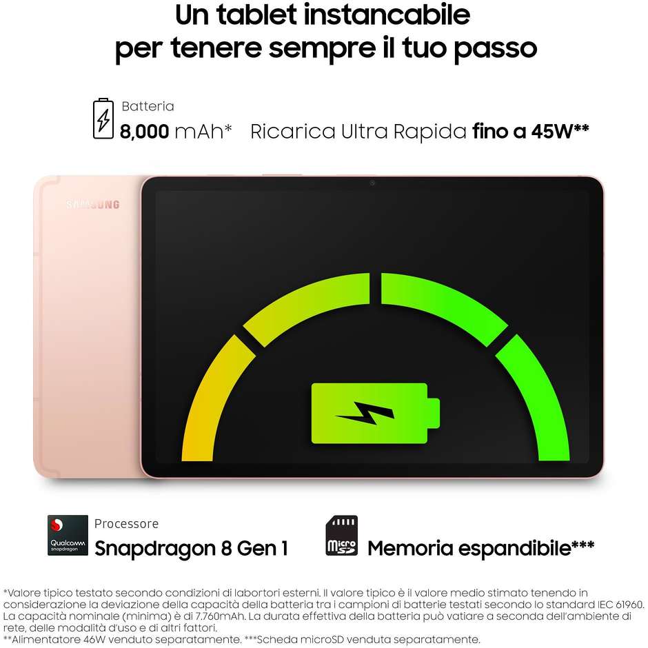 Samsung Galaxy Tab S8 Tablet 5G 11" Wi-Fi+Cellular Ram 8 Gb Memoria 128 Gb Android 12 Colore Oro rosa