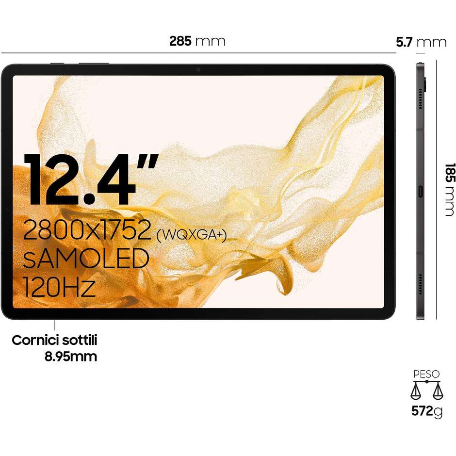 Samsung Galaxy Tab S8+ Tablet 5G 12.4" Wi-Fi+Cellular Ram 8 Gb Memoria 256 Gb Android 12 Colore Grafite