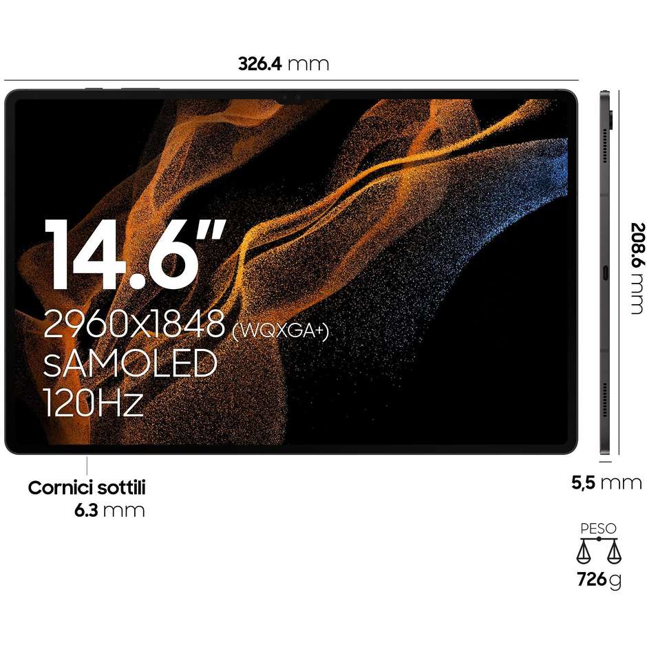 Samsung Galaxy Tab S8 Ultra Tablet 14.6" Wi-Fi Ram 12 Gb Memoria 256 Gb Android 12 Colore Grafite